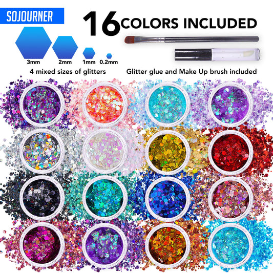 16 pack + 1 glitter glue Chunky Cosmetic Holographic Glitter