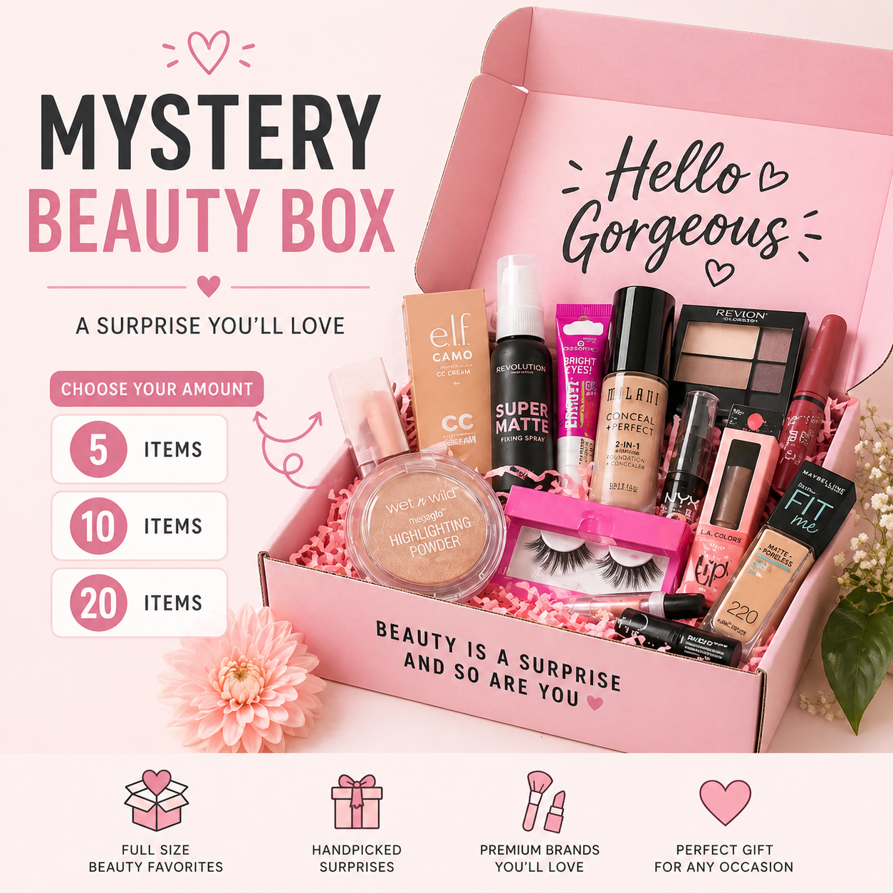 Mystery Beauty Box – 25 Name Brand Cosmetics (Random Assortment)